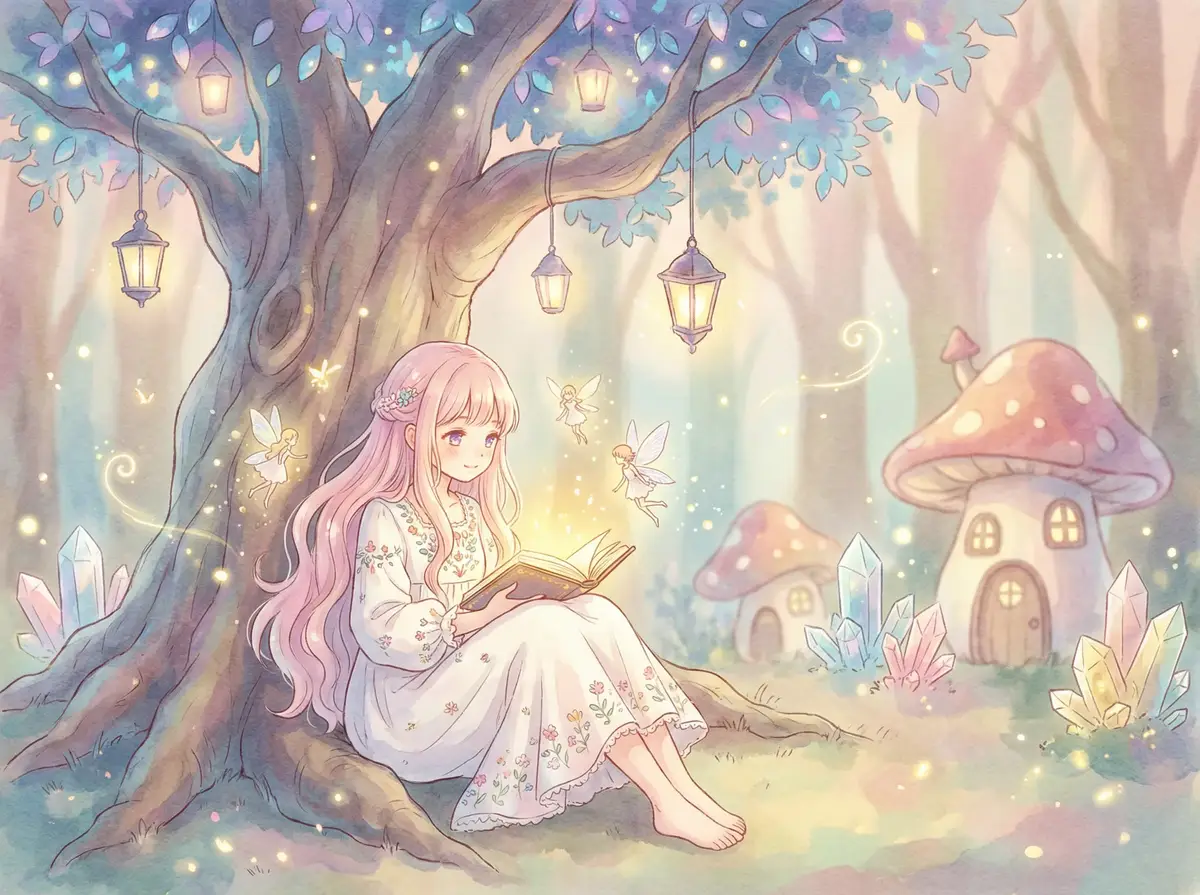 KONANNARUTO纲手禁欲动漫 - 魔法森林中阅读故事书的粉发少女与精灵